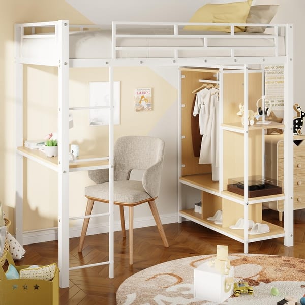 slide 2 of 18, Contemporary Design Metal Loft Bed with Built-in Wardrobe, Desk and Shelves, Twin Size White