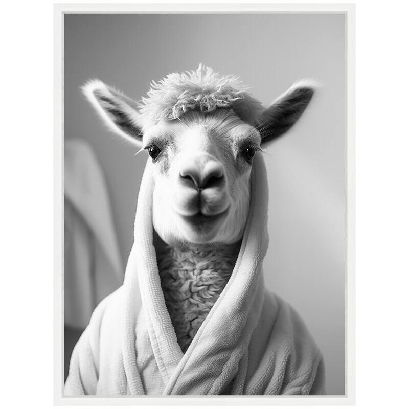 Kate and Laurel Sylvie Llama Bathroom Art Towel Robe Black and White Framed Canvas by The Creative Bunch Studio
