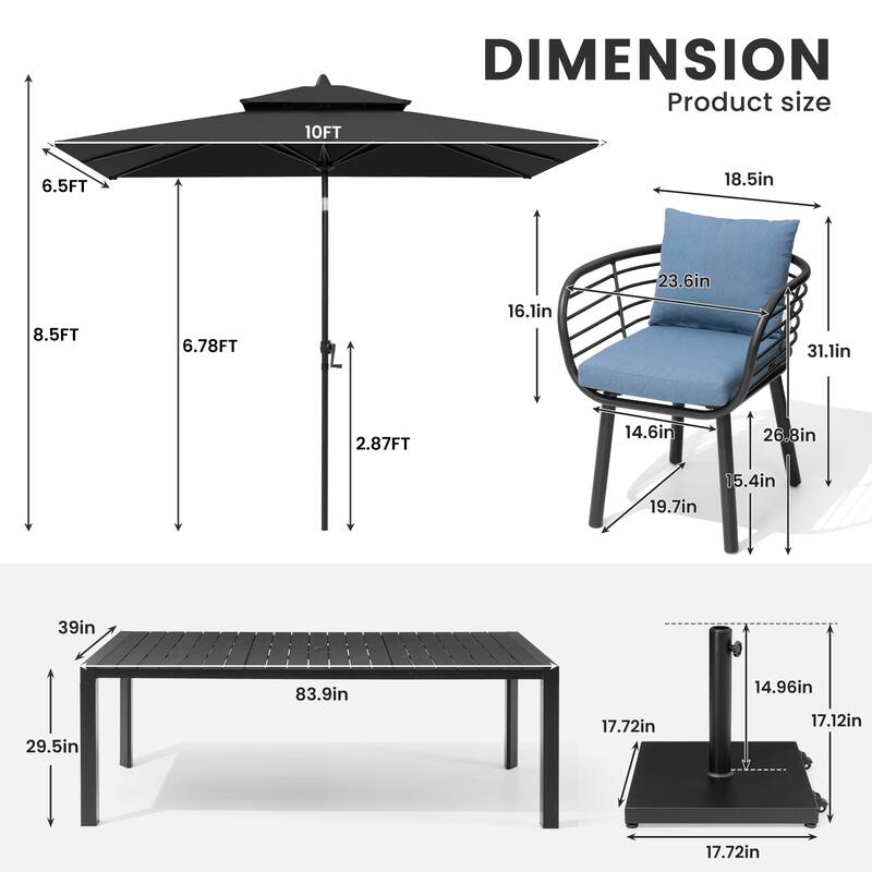 9/11-Piece Outdoor Dining Set w/10 ft Umbrella and Base Aluminum Dining Table and Chairs with Sunbrella Cushions