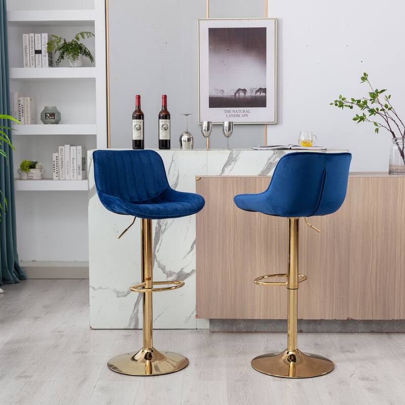 Chrome Footrest And Base Swivel Height Adjustable Mechanical Lifting Velvet + Golden Leg Simple Bar Stool - Navy