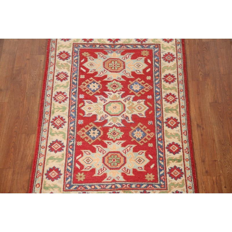 Kazak Accent Rug Hand-Knotted Red Geometric Wool Carpet - 2'9" x 4'1"