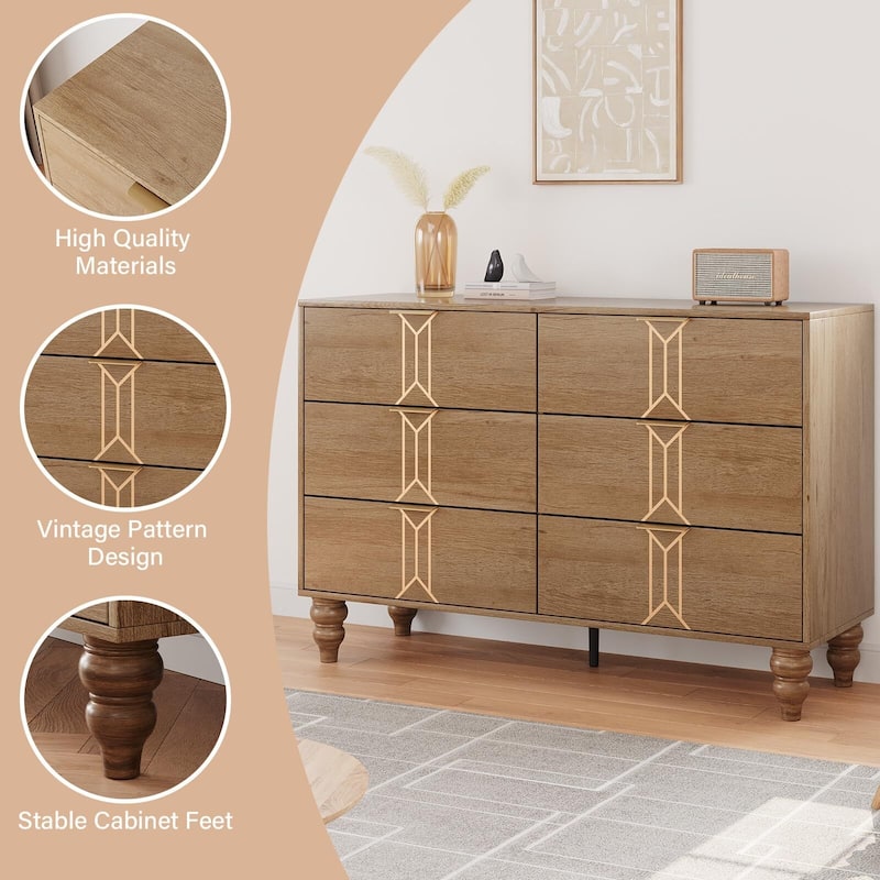 Walnut and Gold Wooden 6 Drawer Dresser with Vintage Pattern Design, Modern Chest Dresser