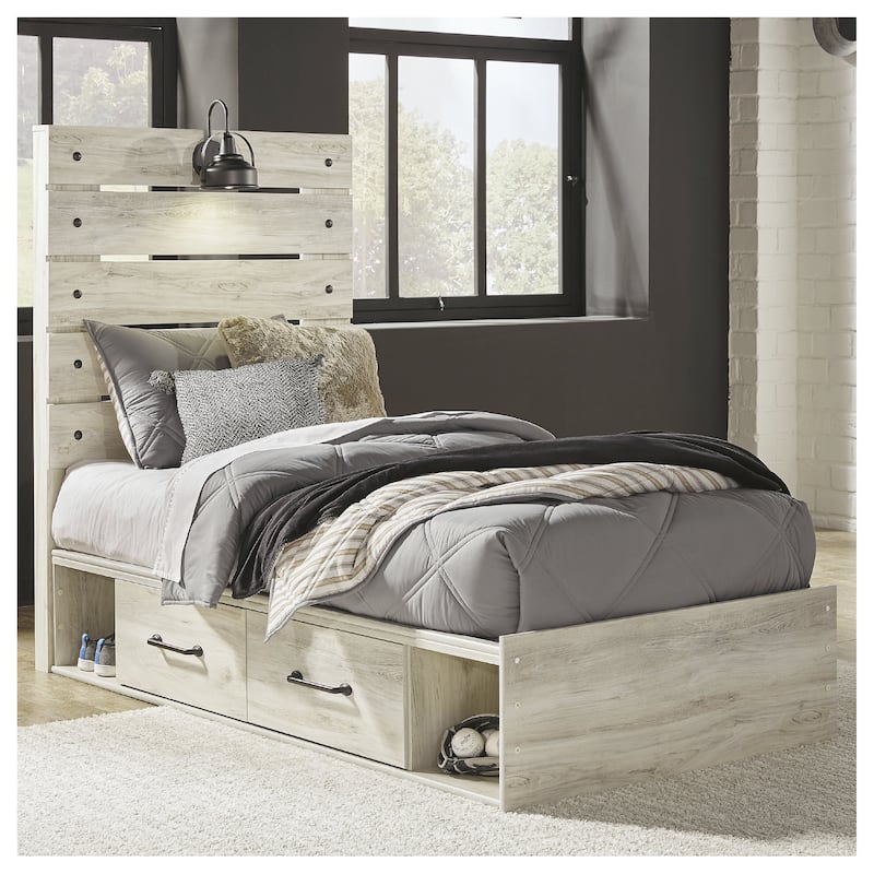 Cambeck Whitewash Panel Bed With 2 Under Bed Storage Drawers - Twin