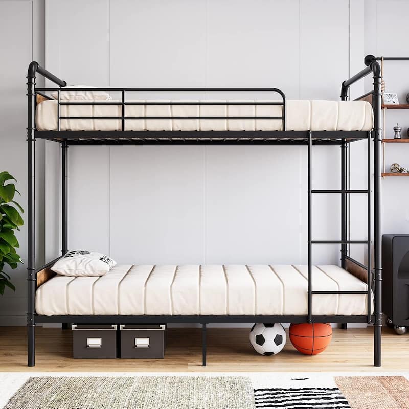 Heavy Duty Twin Size Convertible Bunk Bed with Guardrail & Ladders