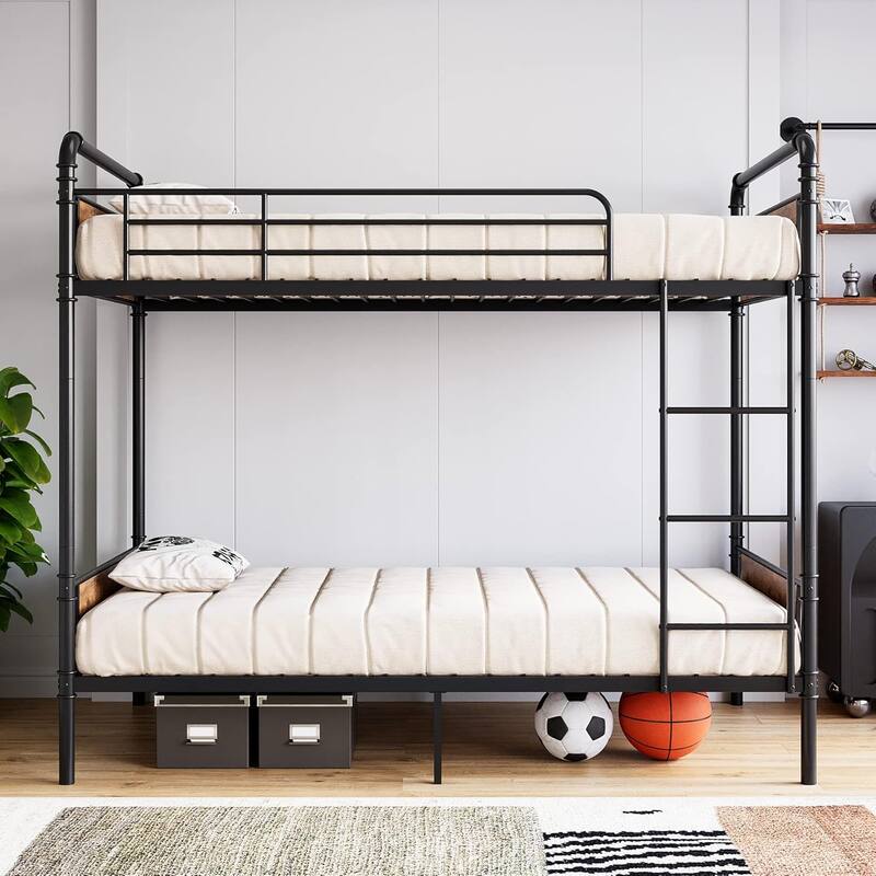 Twin Over Twin Metal Bunk Bed with Guardrails & Ladder, Convertible Heavy Duty Frame for Kids & Adults