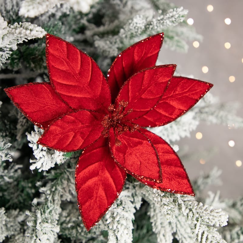 Glittered Poinsettia Christmas Floral Pick Clip-On Ornament - 10" - Red