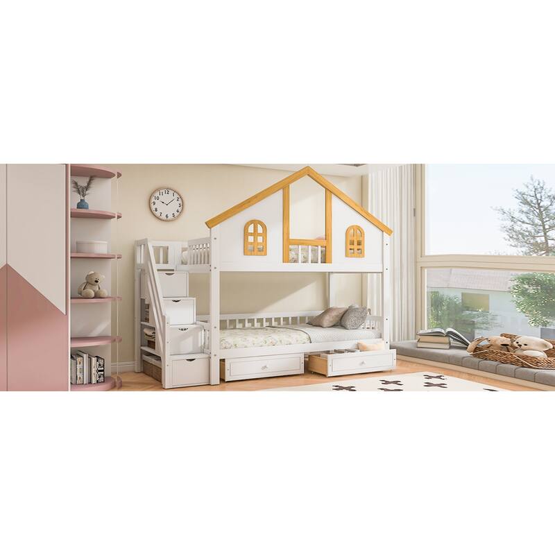 Roomfitters Twin Over Twin/Full Over Full House Bunk Bed with Window, Roof and Storage Staircase, White and Natural