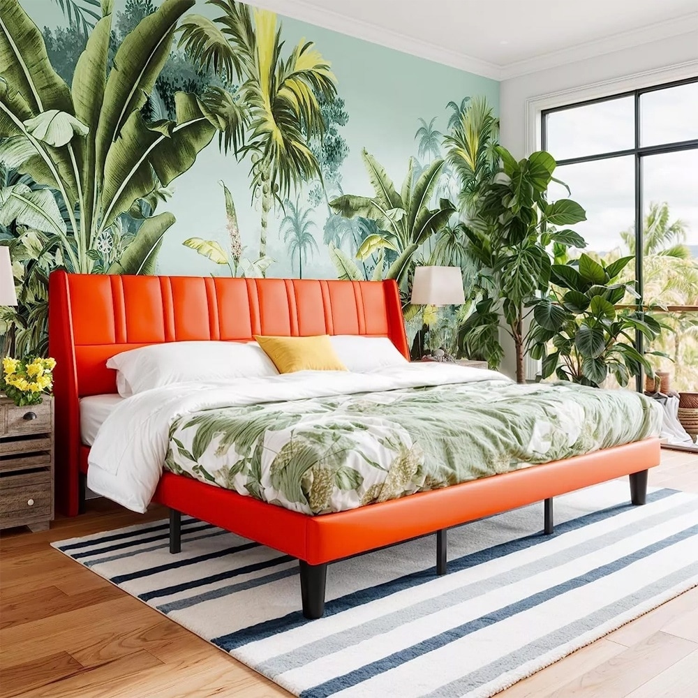 King Faux Leather Platform Bed Frame Exquisite Wingback Headboard