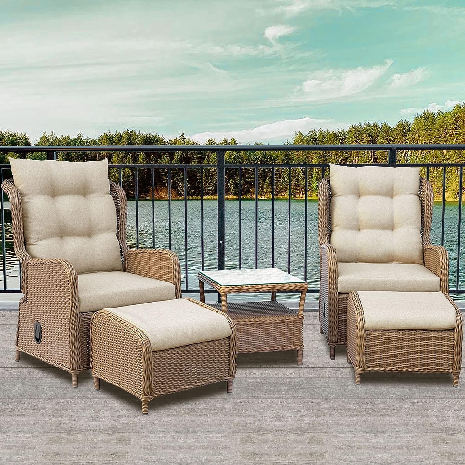 rattan table and reclining chairs