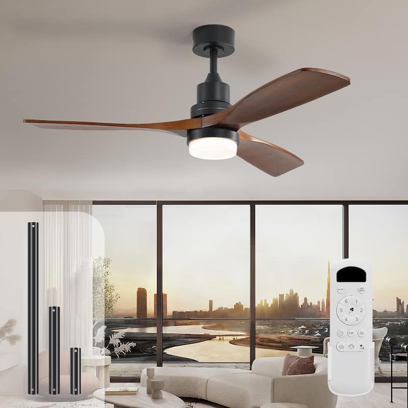 60 Inch Solid Wood Ceiling Fan with Light and Remote, Reverse Functions, Integrated Light Optional - 52Inch - Black and Brown Solid wood Blades/With lights