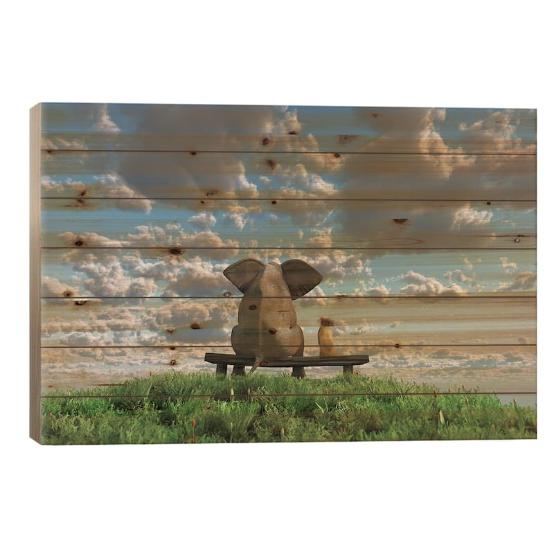 Elephant And Dog Are Sitting On A Meadow Print On Wood by Mike Kiev - Multi-Color - 18x26x1.5