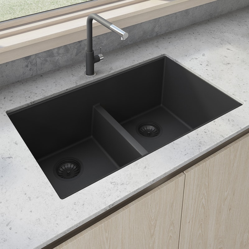 Ruvati 33 x 19 inch Granite Composite Undermount Double Bowl Low Divide Kitchen Sink - Midnight Black - RVG2385BK