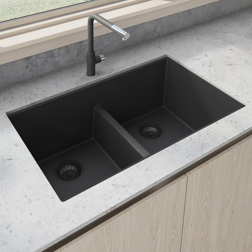 Ruvati 33 x 19 inch Granite Composite Undermount Double Bowl Low Divide Kitchen Sink - Midnight Black - RVG2385BK