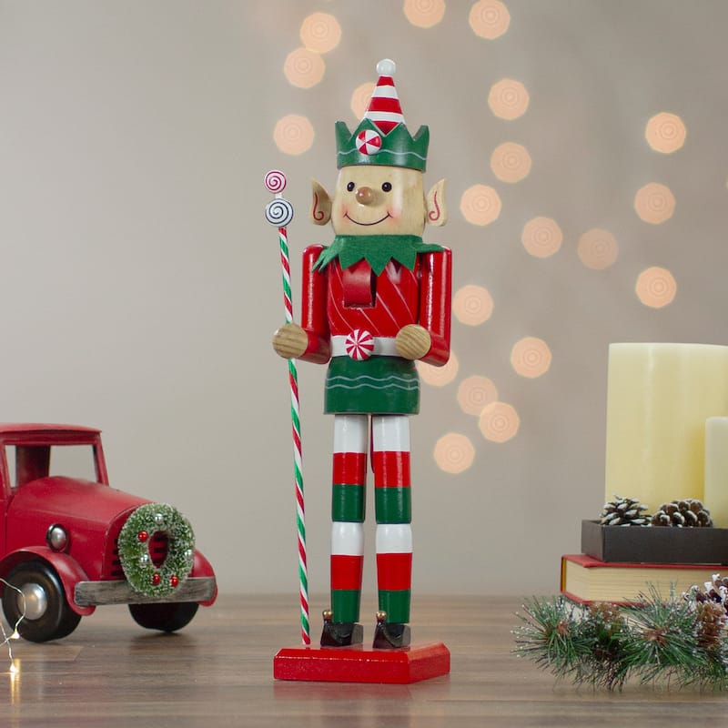 15" Red and Green Traditional Striped Elf Christmas Nutcracker