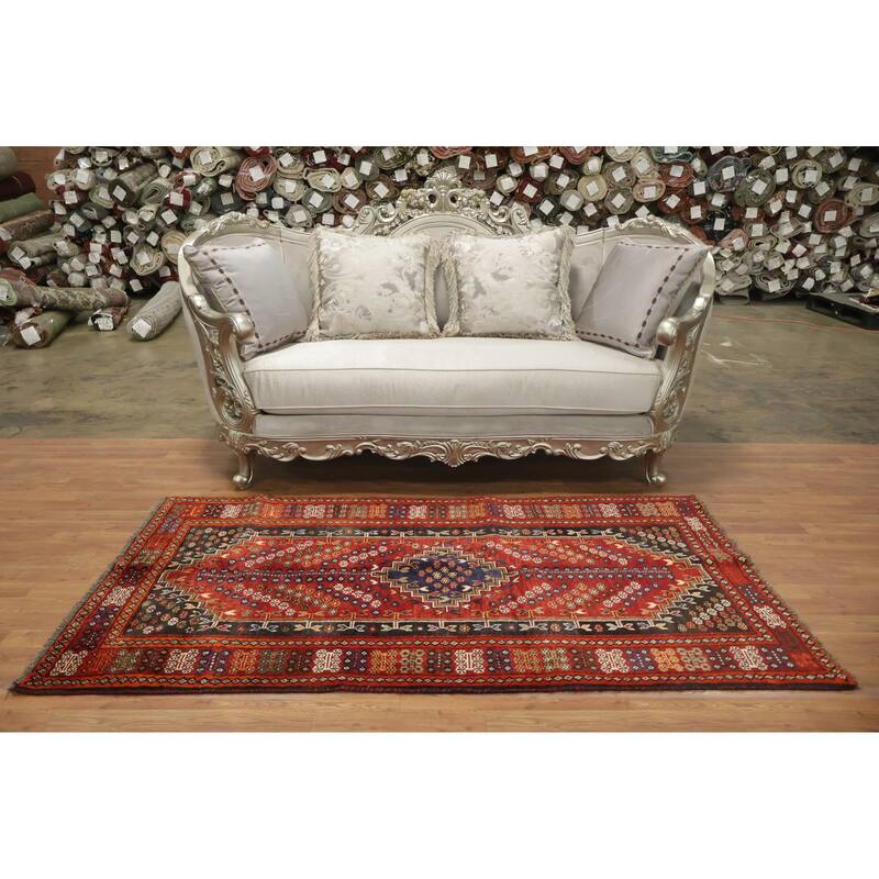 Hand Knotted Oriental 100% Wool Carpet Traditional Tribal Red Shiraz Area Rug - 6' 8'' X 3' 8''