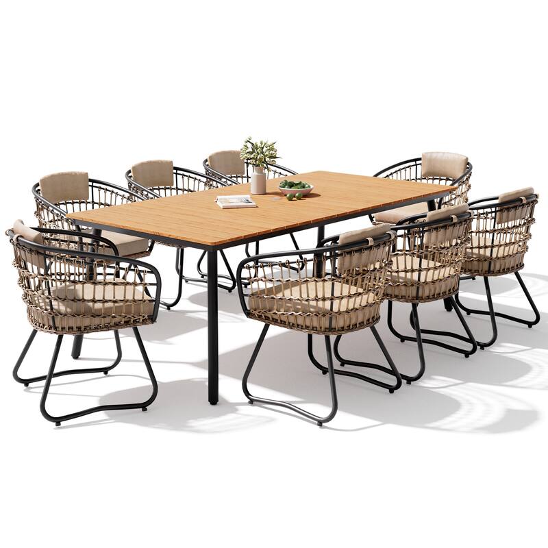 9PC Outdoor Patio Dining Set Aluminum Umbrella Hole Table with Rattan Chairs