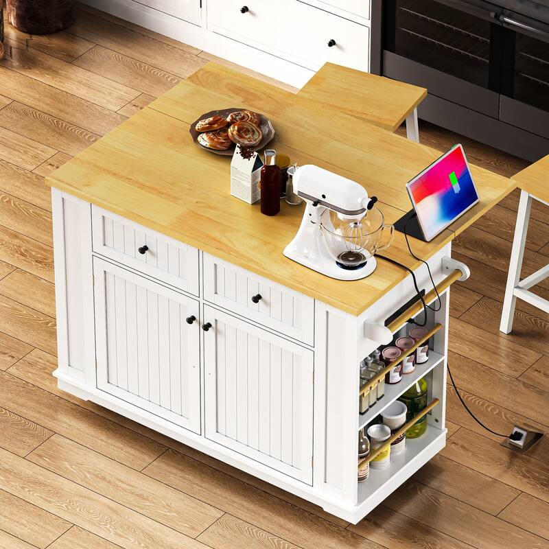 48"Kitchen Island with Drop Leaf,Power Outlet,Internal Storage Rack,Rolling Storage Cart on 5 Wheels with 5 Open Side Racks