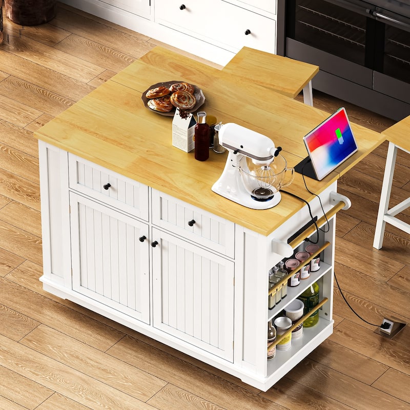 Modern Large Kitchen Island with 2 Bar Stools, Power Socket, Storage Shelf, 5 Open Side Shelves and 2 Drawers, for Kitchen