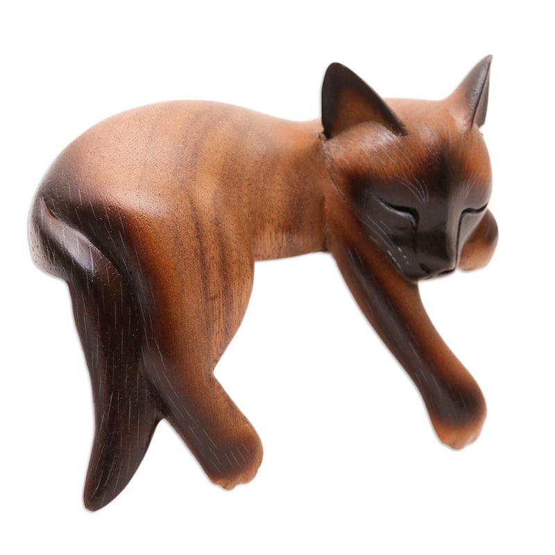 Novica Handmade Sleeping Feline Wood Statuette