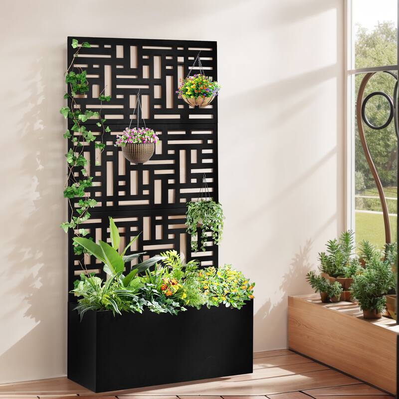 2-in-1 Black Metal Garden Planter Box with Trellis for Climbing Plants Flowers Vegetables or Patio - (35.8 x 16.1 x 70.5) in