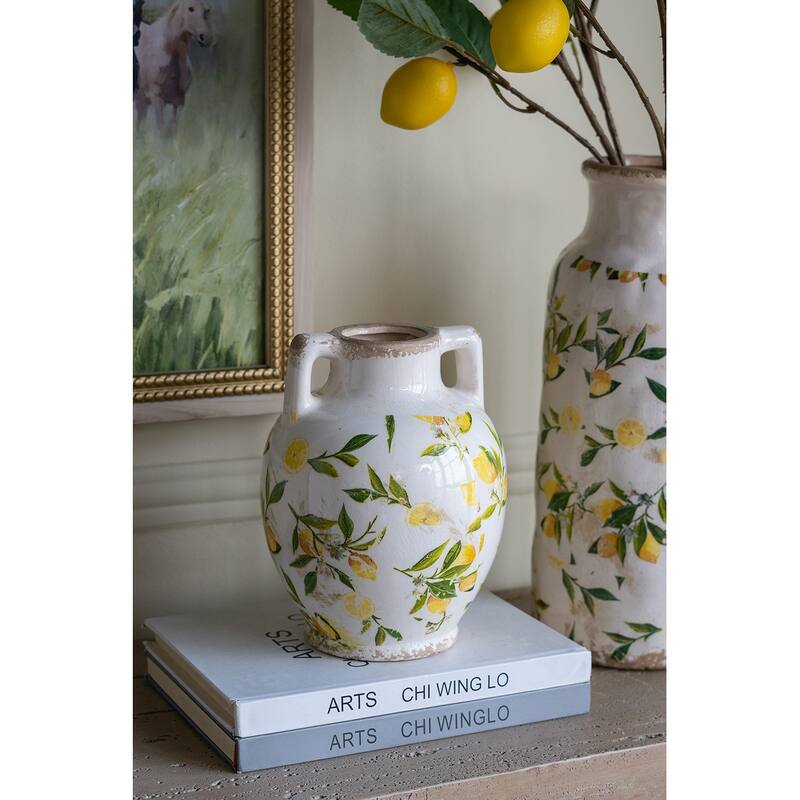 6.7x6.7x8.7" White Ceramic Vase with Yellow Lemon Motif and Small Handles