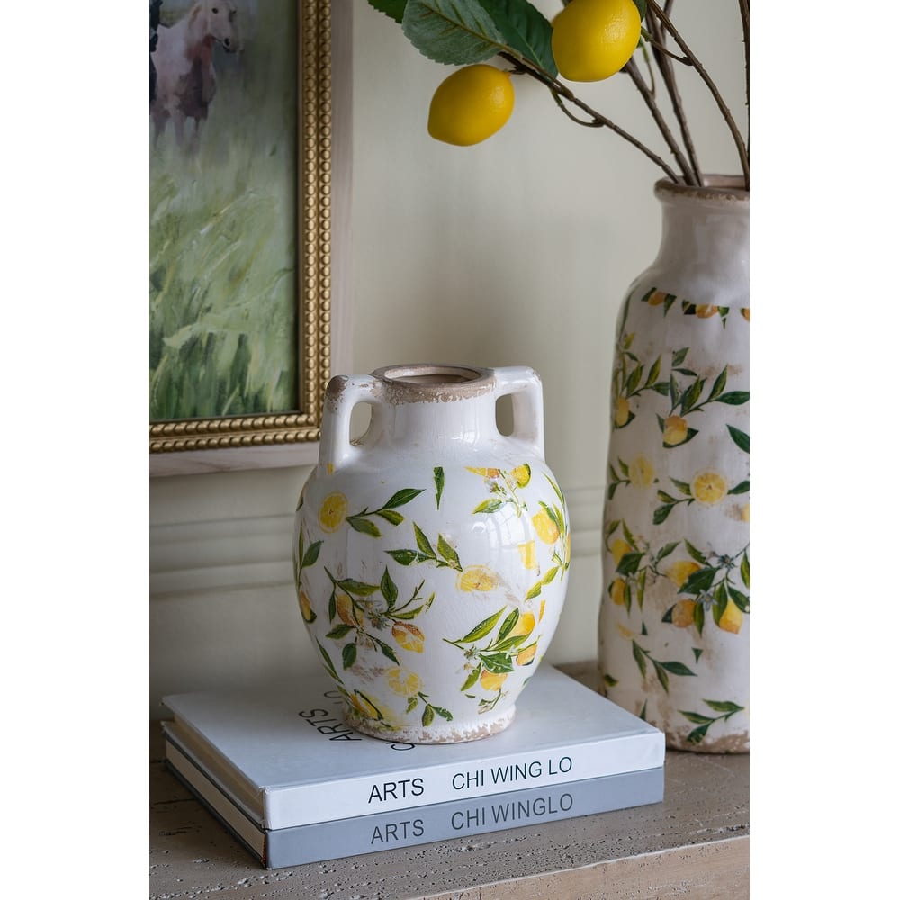 6.7x6.7x8.7" White Ceramic Vase with Yellow Lemon Motif and Small Handles