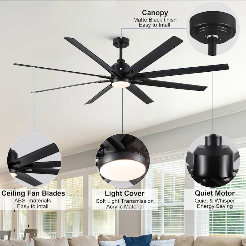 YUHAO 84 In. Indoor/Outdoor Modern Industrial Large Windmill Aluminum Blade Ceiling Fans With Lights, Quiet DC Motor and Remote