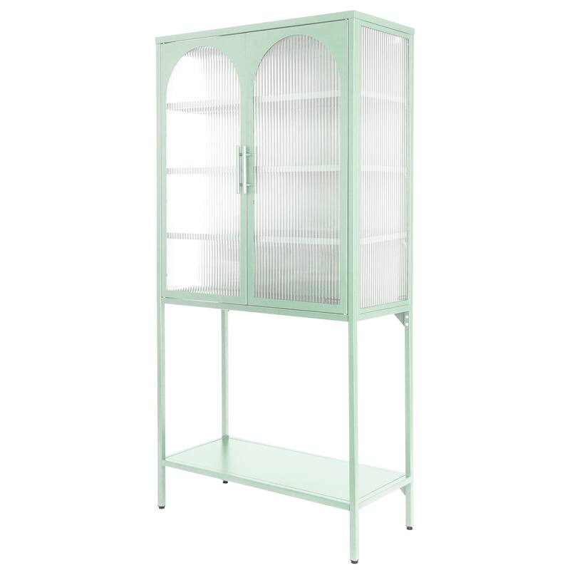 Elegant Floor Cabinet with 2 Glass Arched Doors Living Room Display Cabinet with Adjustable Shelves Anti-Tip Dust-free - Mint Green