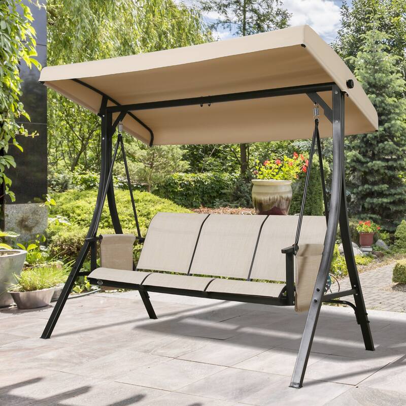 3-Seater Outdoor Porch Patio Hammock Swing Glider Bench - Beige