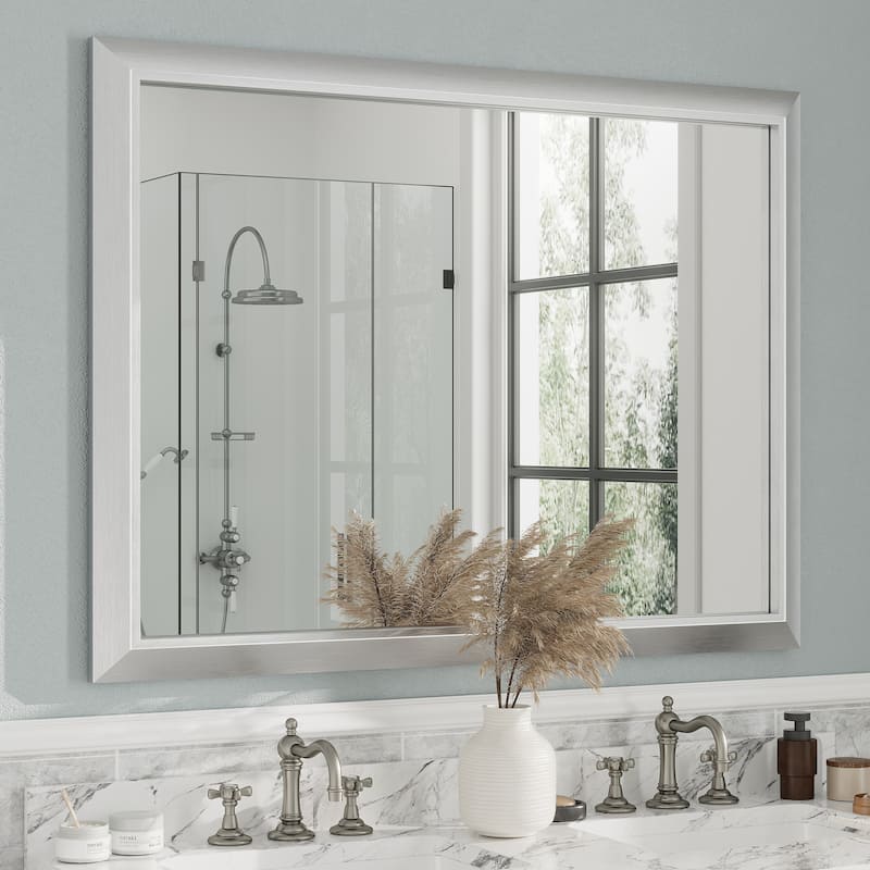 Beveled Metal Rectangle Framed Bathroom Vanity Tempered Glass Mirrors - 48" x 36" - Silver