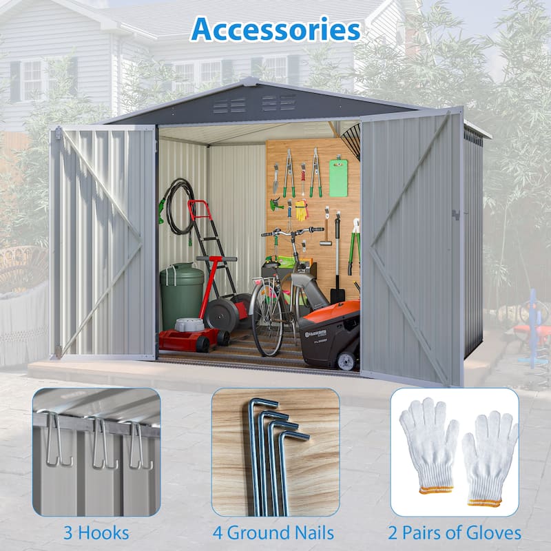 8x6 FT Waterproof Outdoor Shed with Metal Floor & Lock, Gray Tool Storage