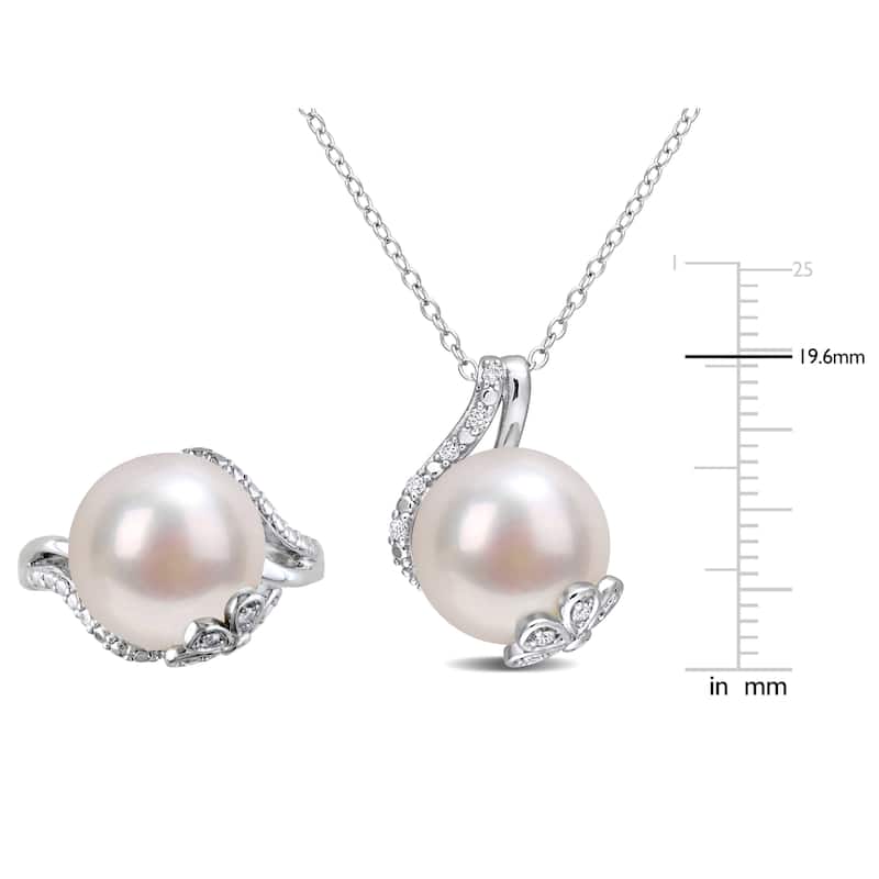 Miadora Cultured Freshwater Pearl 1/6ct TDW Diamond Wrap Necklace Ring Set Sterling Silver