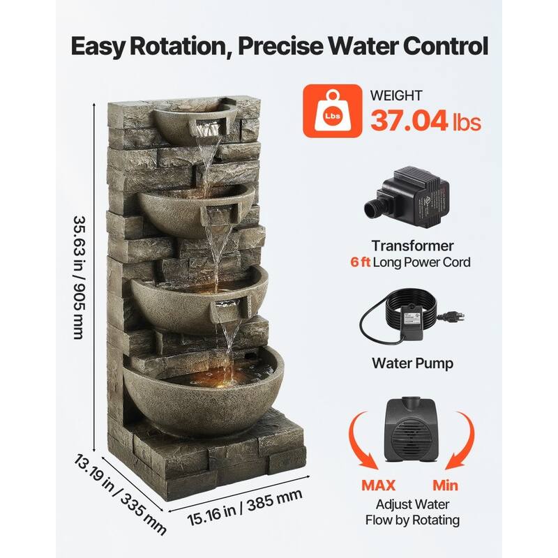 Gray 4-Layer Outdoor Water Fountain for Patio Garden Yard with Soothing Flow and LED Lighting - 15.16 x 13.19 x 35.63 in