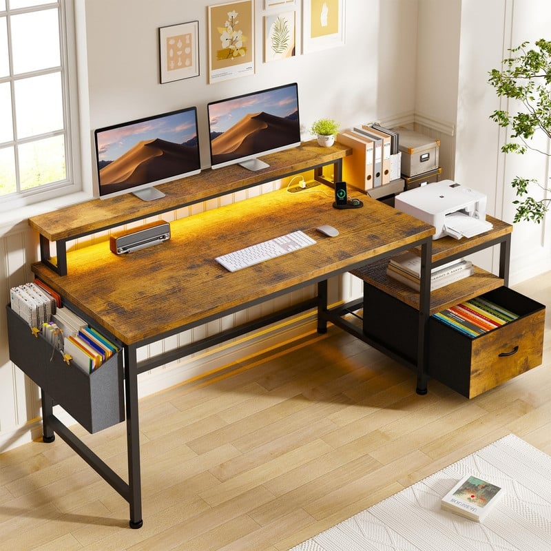 Long Desk with Stand Monitor - Brown