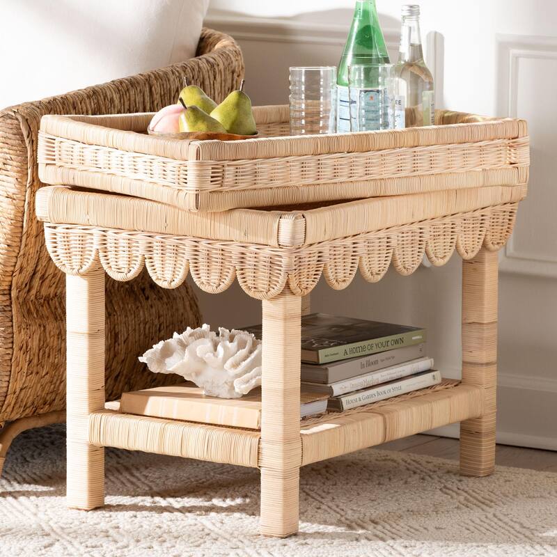Weyman Scalloped Rattan End Table with Removable Tray Top - Handwoven Rattan Accent Table with Shelf, Coastal Boho Style