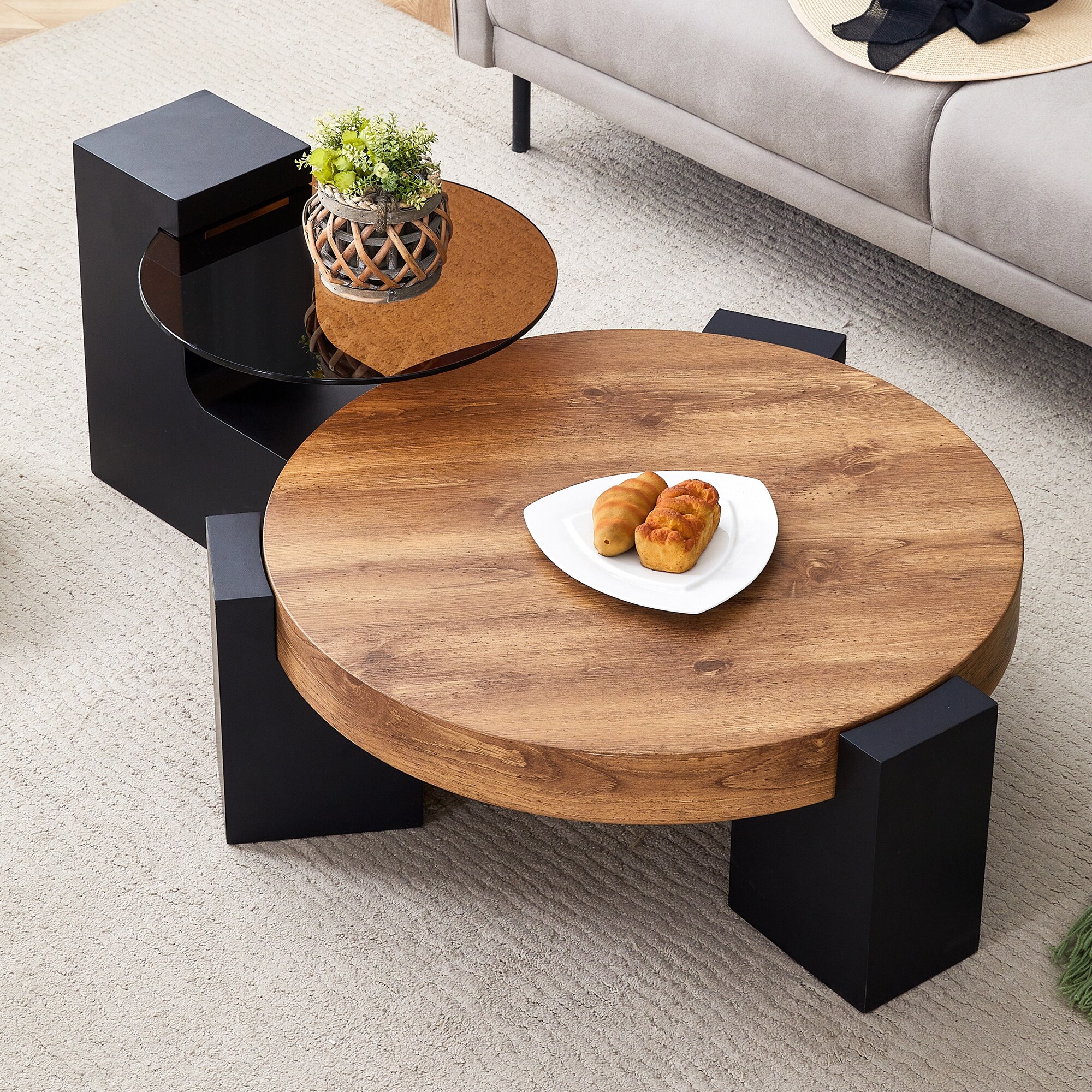 センターテーブル・ローテーブル zuiver Round Modern l Side Table - L Roomfitters Double Layer Round Coffee Table, Transparent Brown