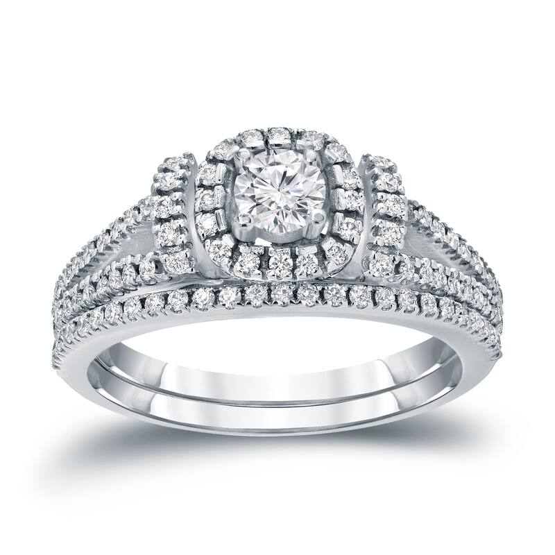 Auriya Modern 3/4ctw Round Halo Diamond Engagement Ring Set 14kt Gold - 4 - White