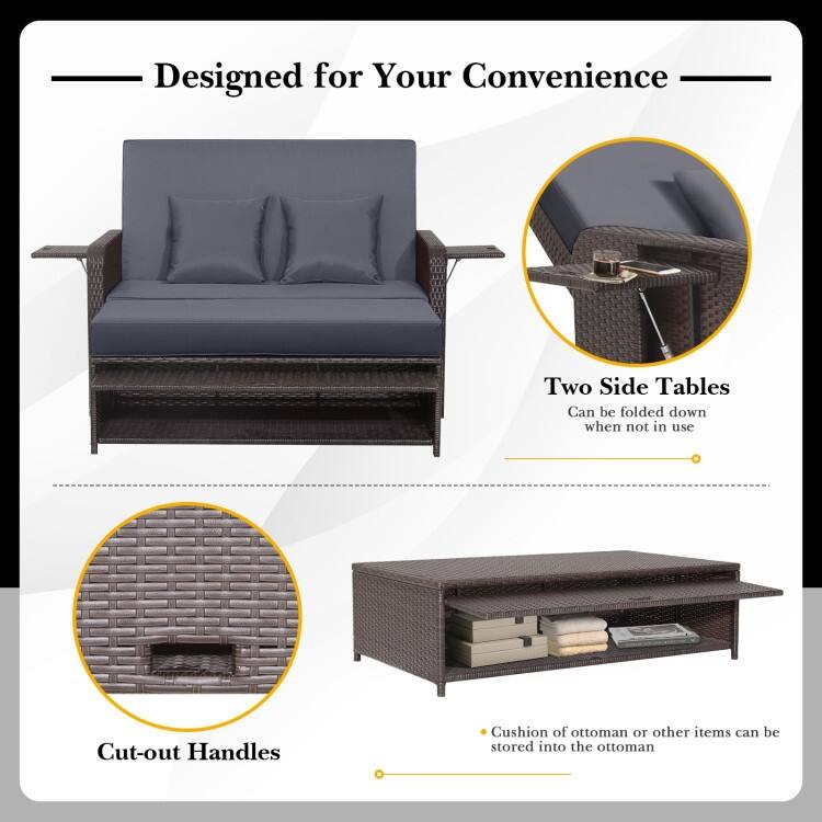 Patio Rattan Daybed with 4-Level Adjustable Backrest and Retractable Side Tray - 31" x 67" x 36"