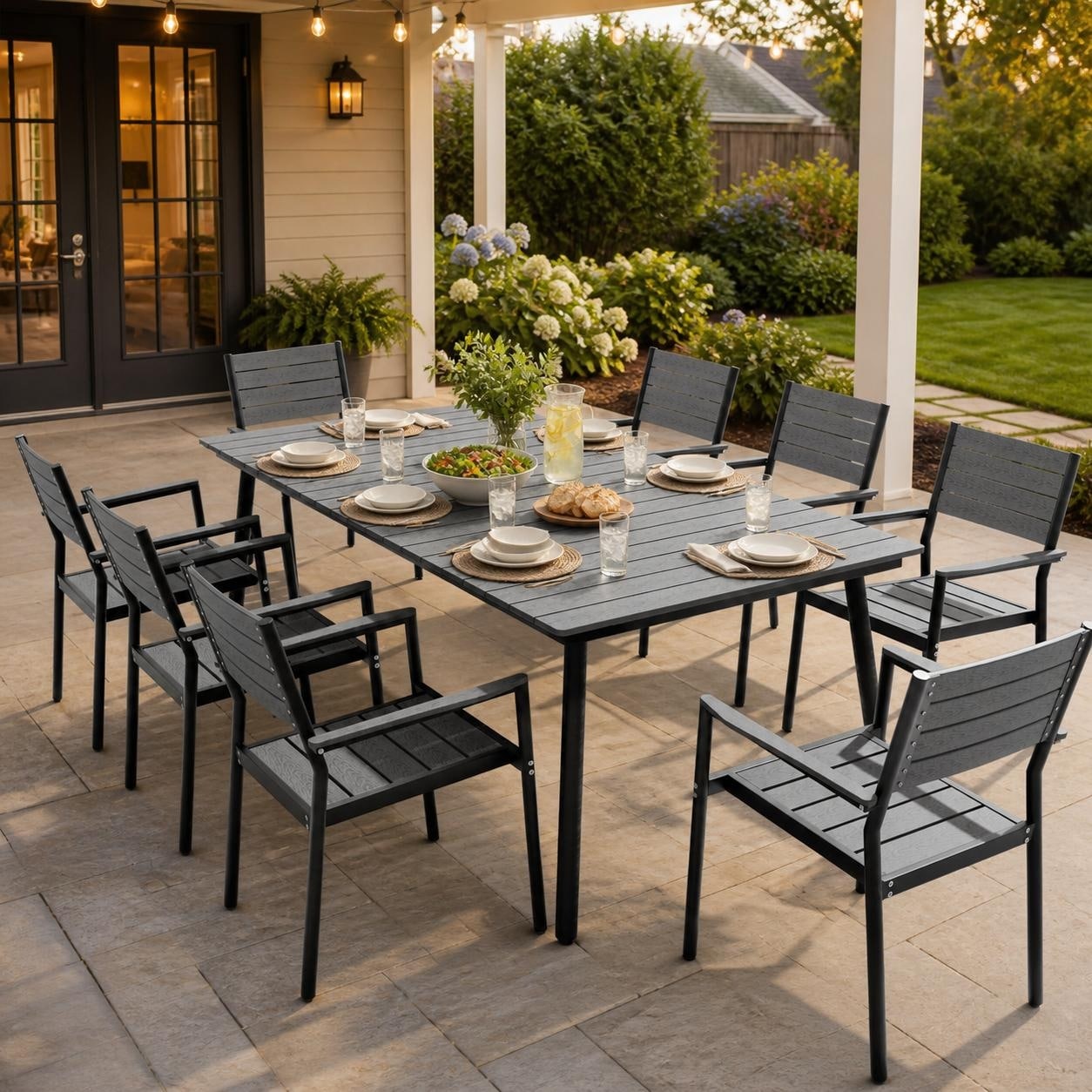 9-Piece Outdoor Patio Rectangle Aluminum Dining Table with Stackable Chairs