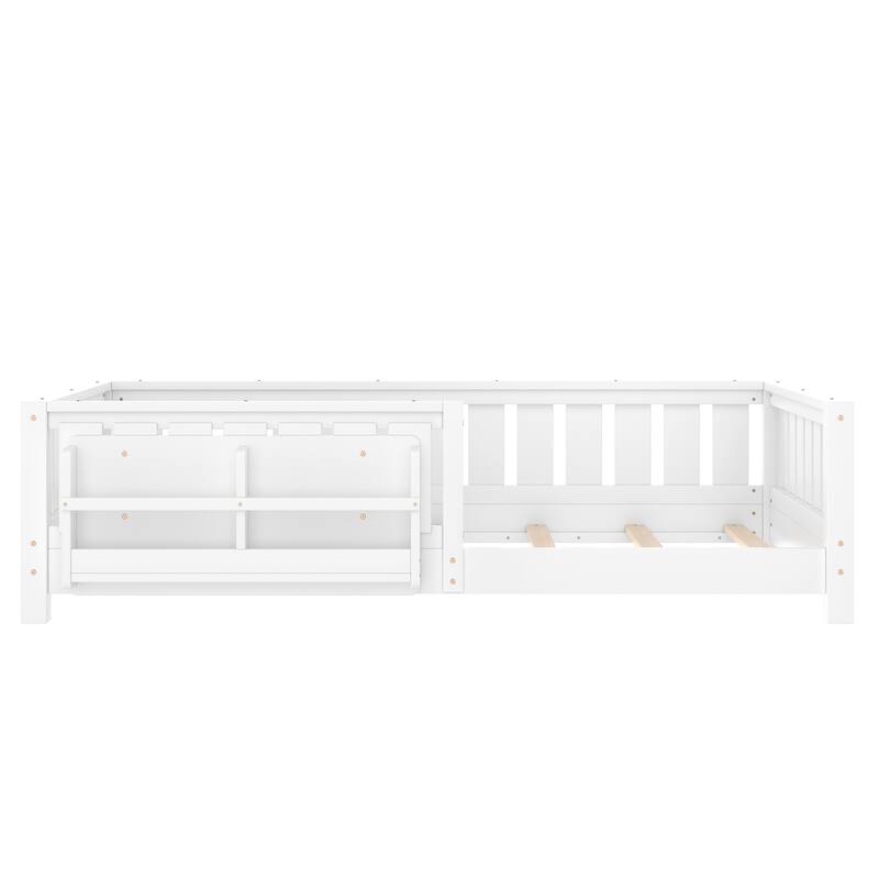 Montessori Floor Bed Low Profile Kids Bed with Rails & Bookshelf