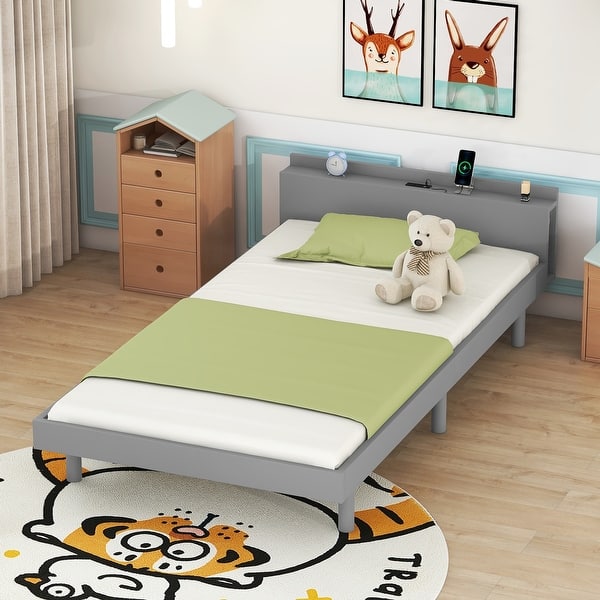 slide 2 of 9, Twin Wooden Platform Bed Frame for Kids, Solid Wood Twin Size Bedframe with Headboard for Boys Girls, No Box Spring Needed Grey - Twin