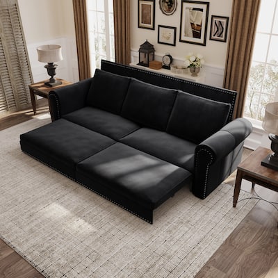 93.7" Chesterfield Velvet Sleeper Sofa, 3-in-1 Convertible Sofa Bed with Nailhead Trim, Rolled Arms, Modern Pull Out Loveseat