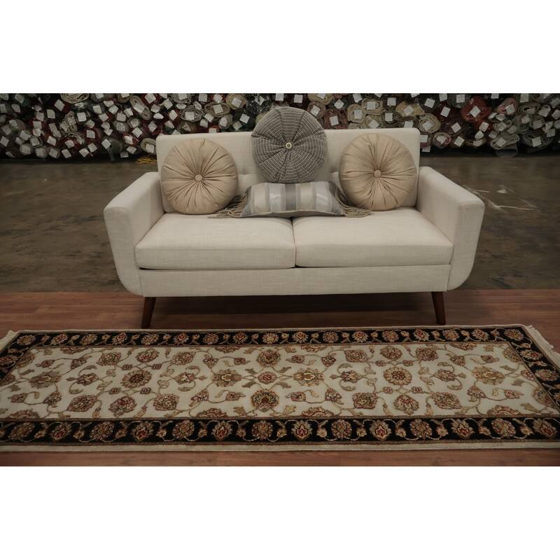Hand Knotted Oriental Wool & Silk Carpet Traditional Floral Beige & Ivories Agra Runner Rug - 8' 0'' X 2' 6''