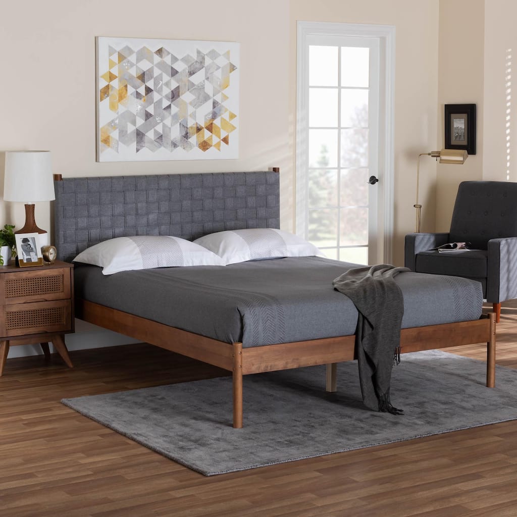 Estela Mid-Century Modern Grey Woven Fabric and Walnut Brown Wood Queen Size Platform Bed