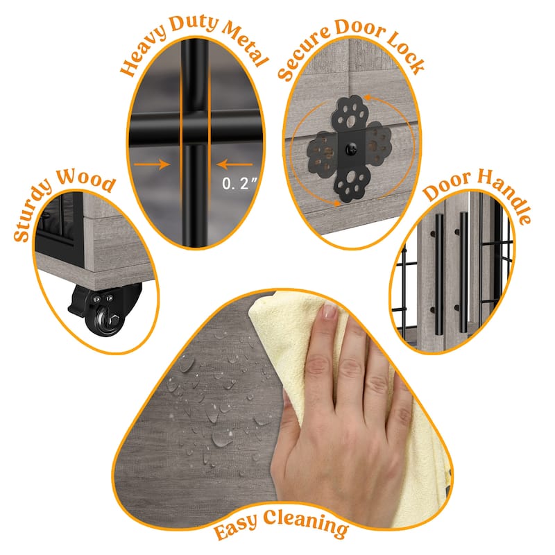 Dog Crate Indoor Heavy Duty Double Doors Wooden Dog Cage with Cushion