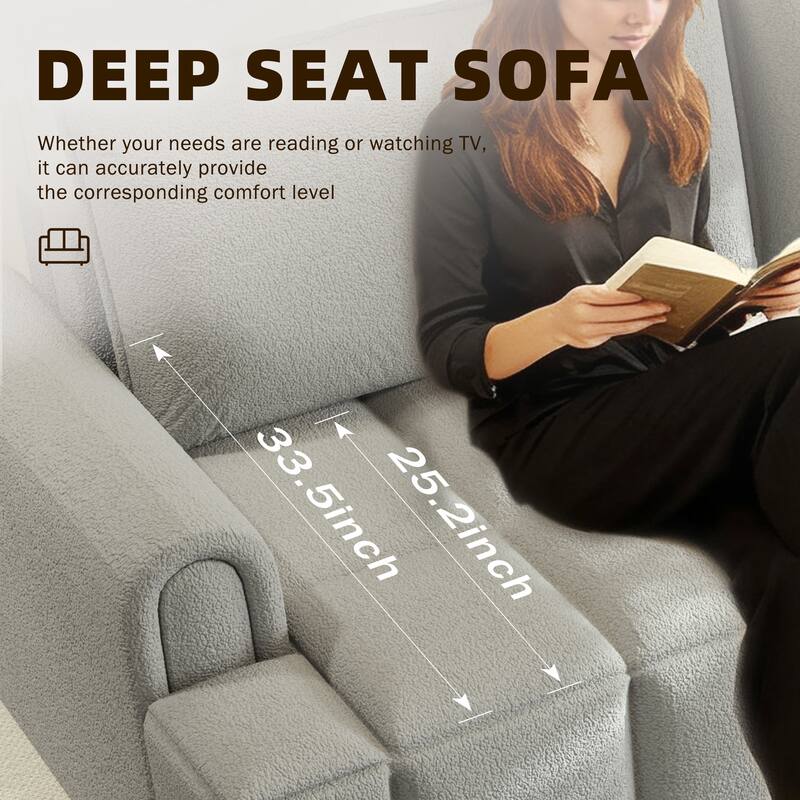 Homy Casa 90" 4-Seater Teddy Fabric Sofa with Hidden Seat Storage, 3-in-1 Convertible Sleeper Couch, Beige/Grey/Black