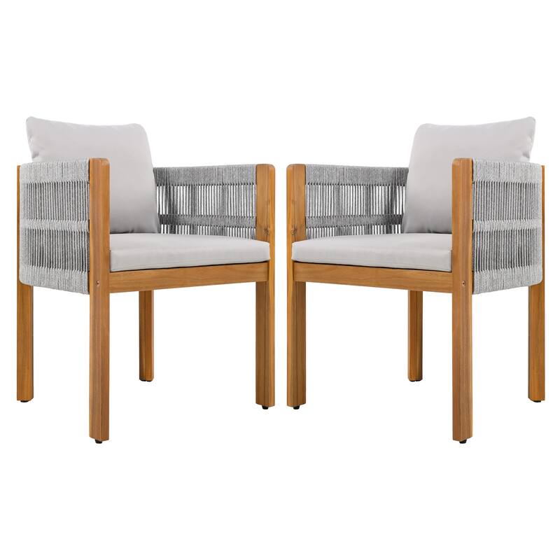 Roomfitters Outdoor Dining Chairs 2-Pack, Acacia Wood Patio Chairs with Rope Weave and Cushions, Weather-Resistant