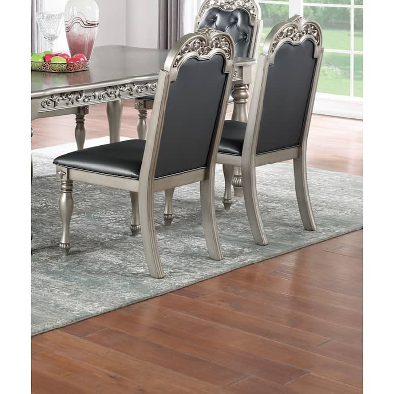 Set of 2 Side Chairs Grey / Silver Finish Rubberwood Dining Room Furniture Intricate Design Cushion Upholstered Seat Tufted Back