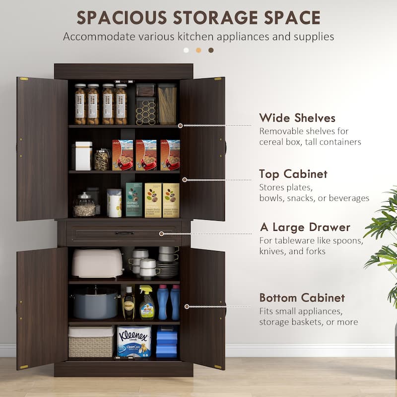 71" Freestanding Kitchen Pantry with 4 Doors, and 2 Large Cabinets, Tall Storage Cabinet with Wide Drawer