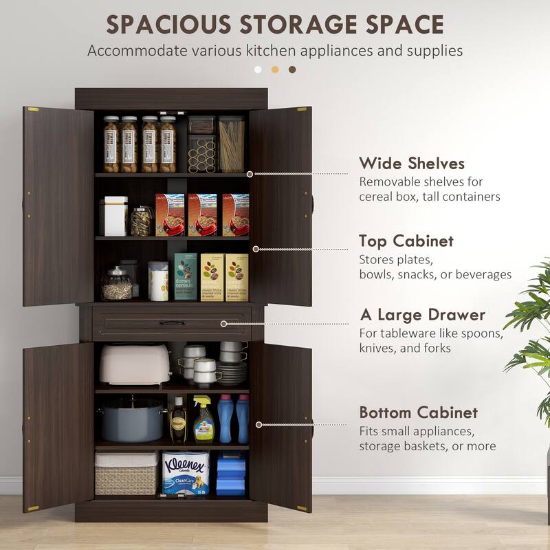 71" Freestanding Kitchen Pantry with 4 Doors and 2 Large Cabinets, Tall Storage Cabinet with Wide Drawer for Dining Room, Coffee
